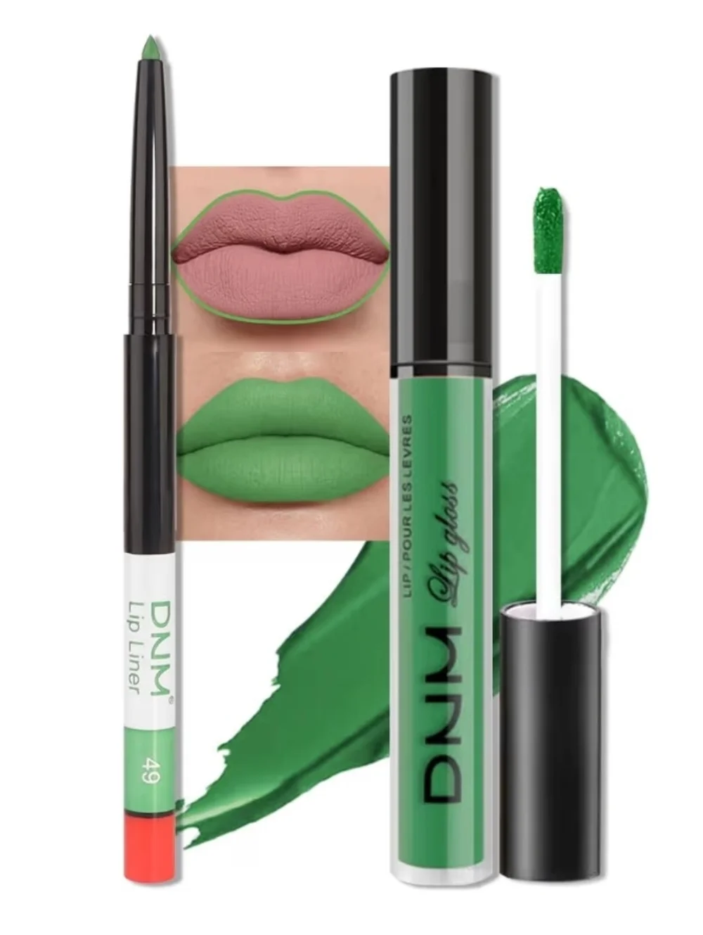 DNM Festival Green Matte Liquid Lipstick Gloss Stain & Lip Liner Set #49